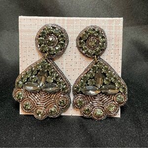 Intricate Crystal Beaded Drop Earrings in Hues of Green, Silver and Gold